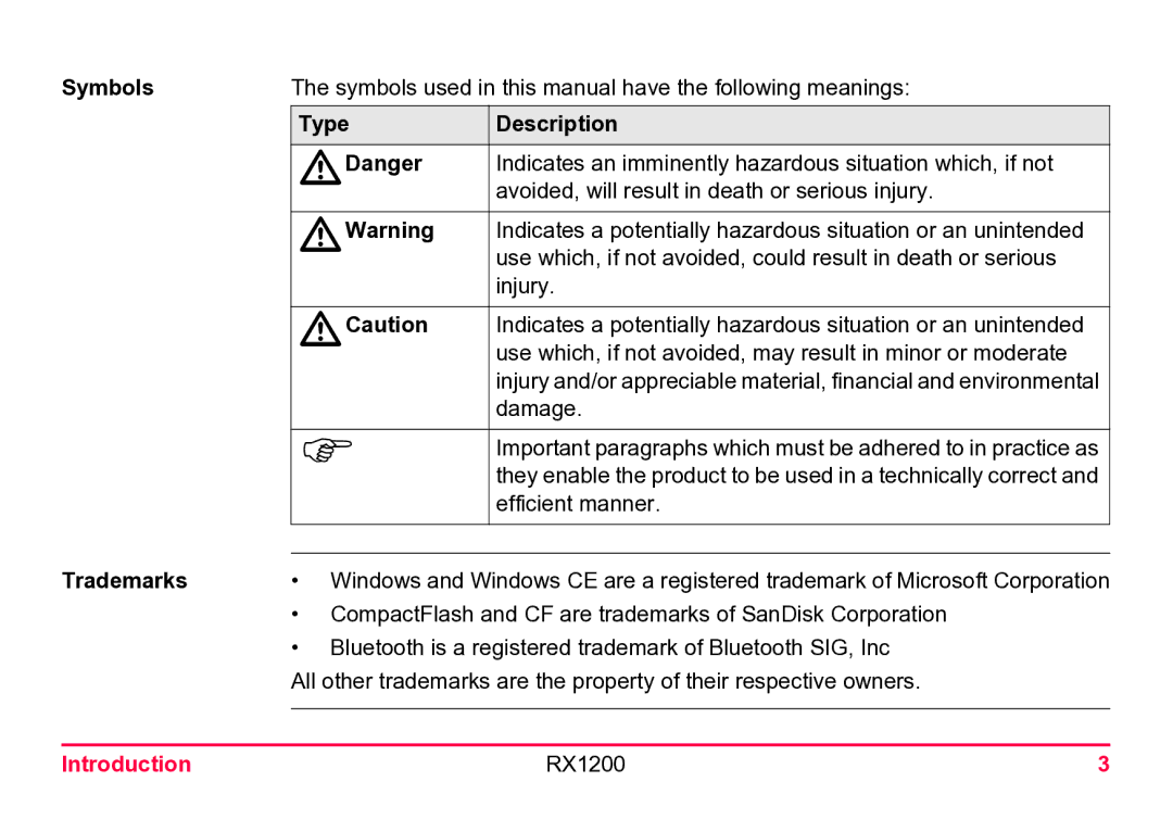 Leica user manual Symbols, Type Description, Trademarks, Introduction RX1200 