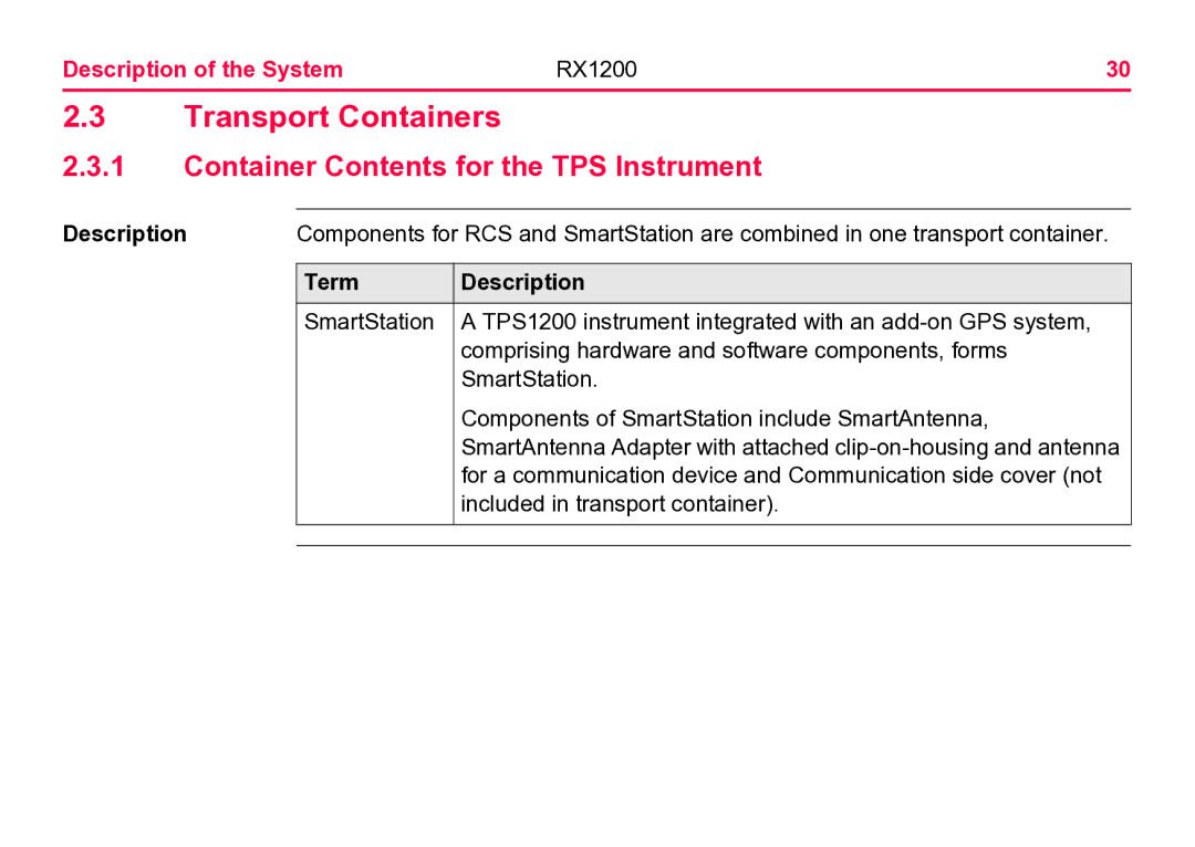 Leica RX1200 user manual Transport Containers, Container Contents for the TPS Instrument 