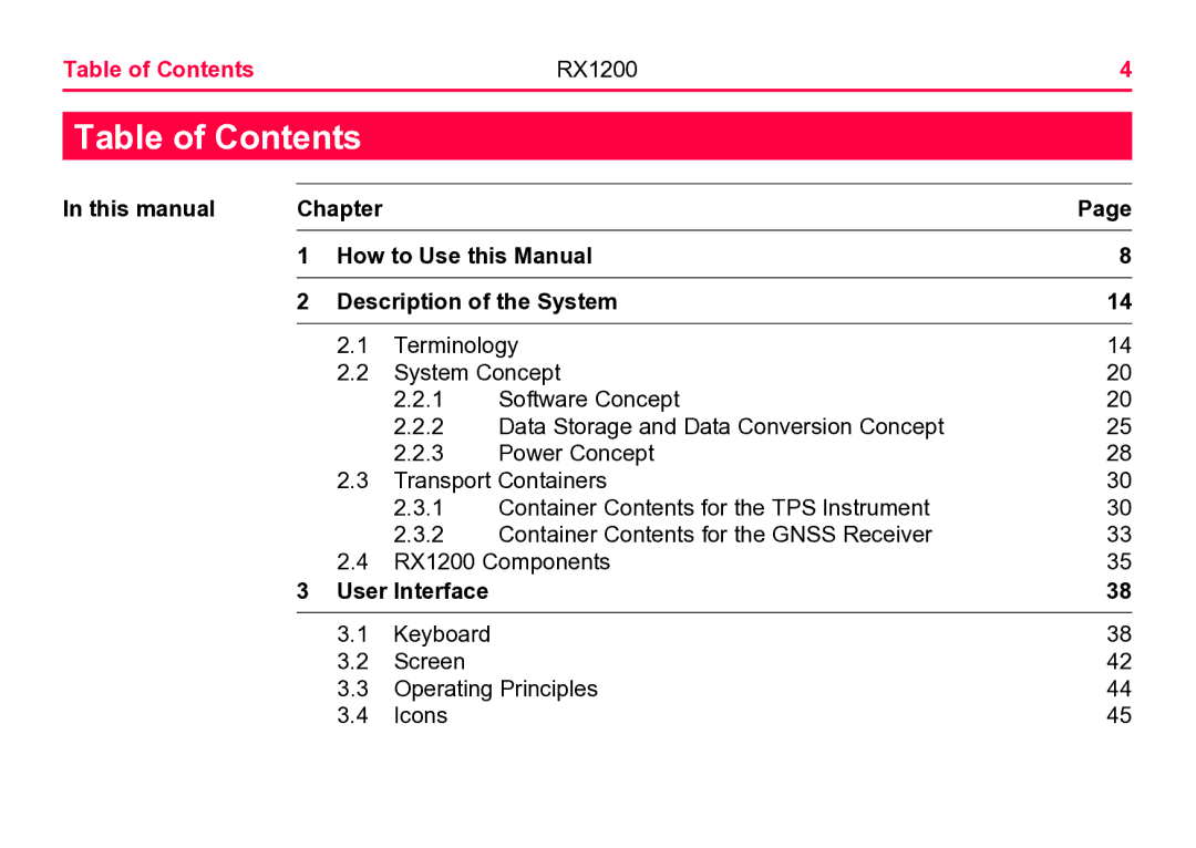 Leica RX1200 user manual Table of Contents 