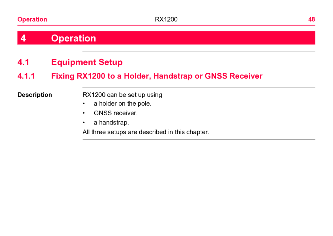 Leica user manual Equipment Setup, Fixing RX1200 to a Holder, Handstrap or Gnss Receiver, Operation RX1200 