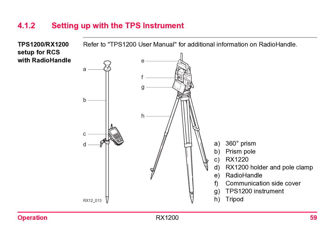 Leica user manual Setting up with the TPS Instrument, TPS1200/RX1200 Setup for RCS With RadioHandle 