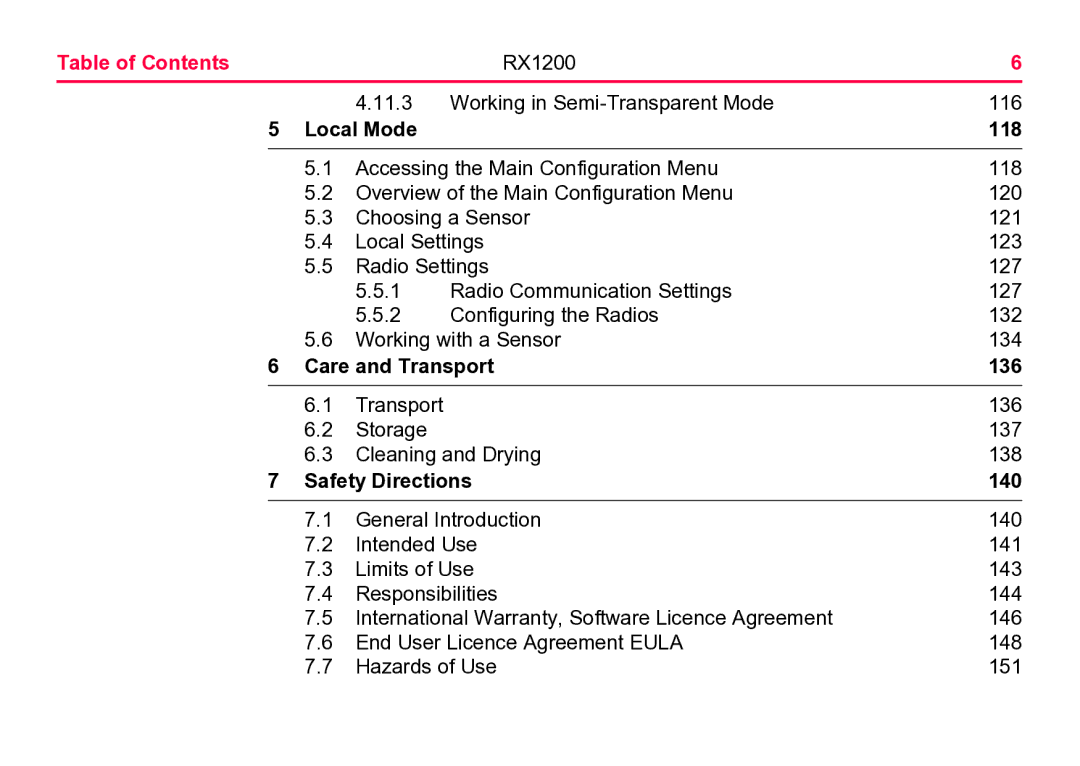 Leica RX1200 user manual Local Mode 118, Care and Transport 136, Safety Directions 140 