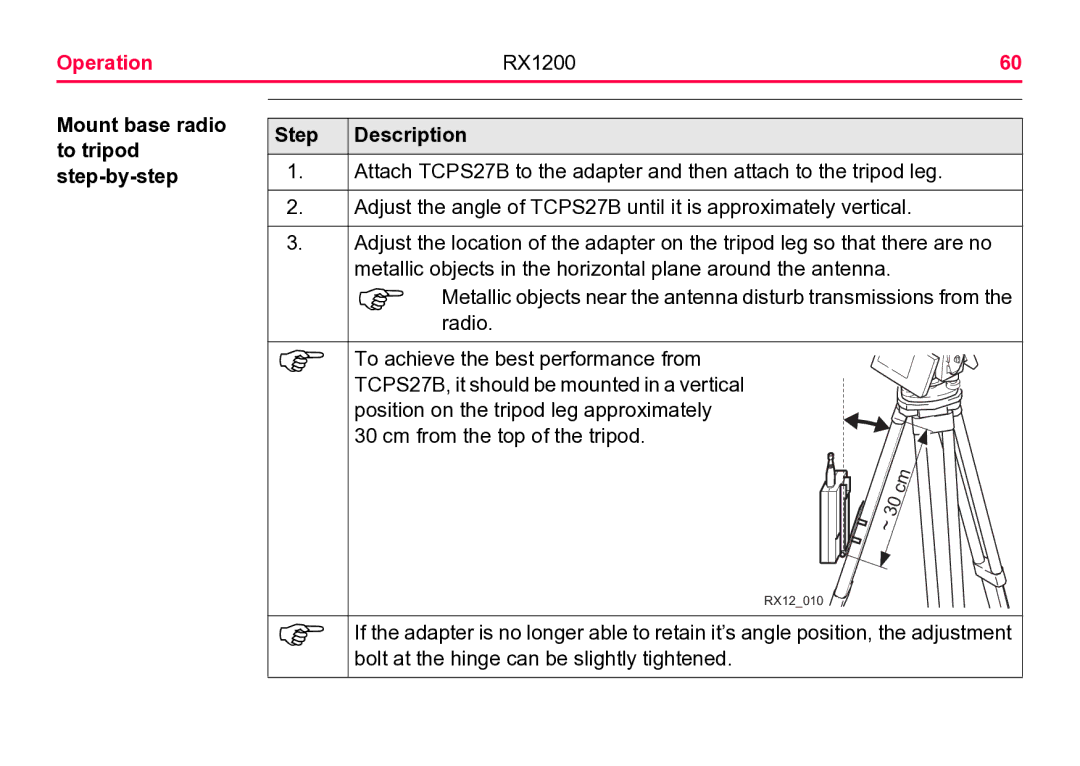 Leica RX1200 user manual Mount base radio to tripod step-by-step Step Description 