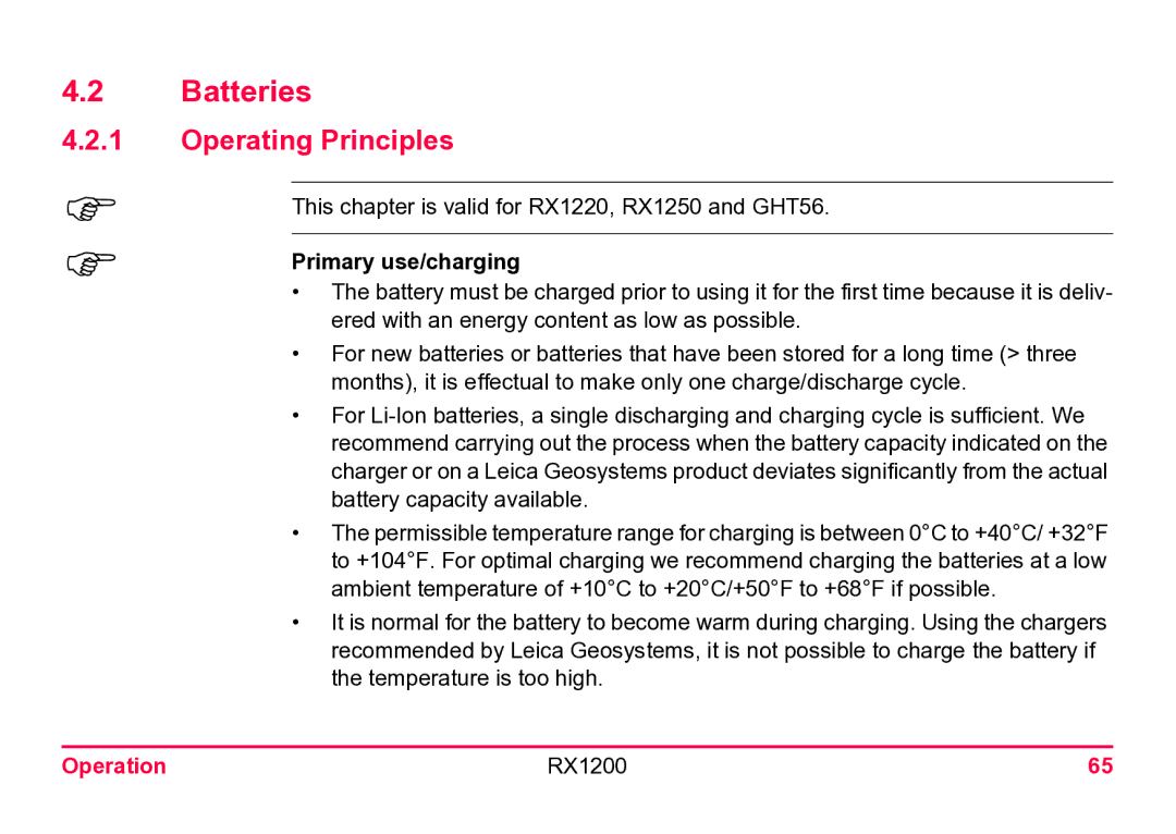 Leica RX1200 user manual Batteries, Operating Principles, Primary use/charging 