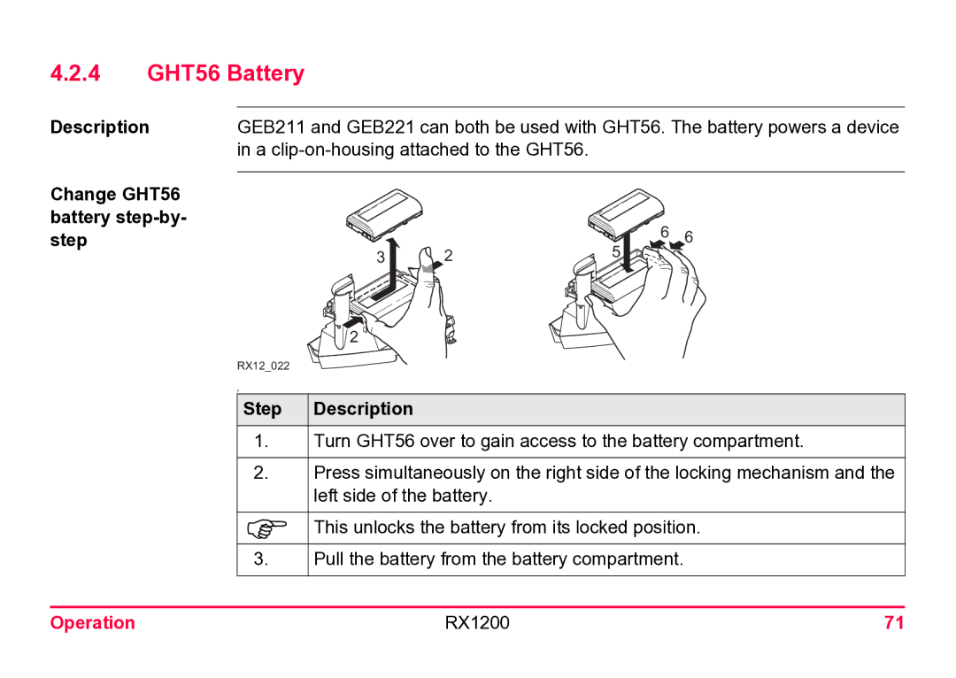 Leica RX1200 user manual 4 GHT56 Battery, Description Change GHT56 battery step-by- step 