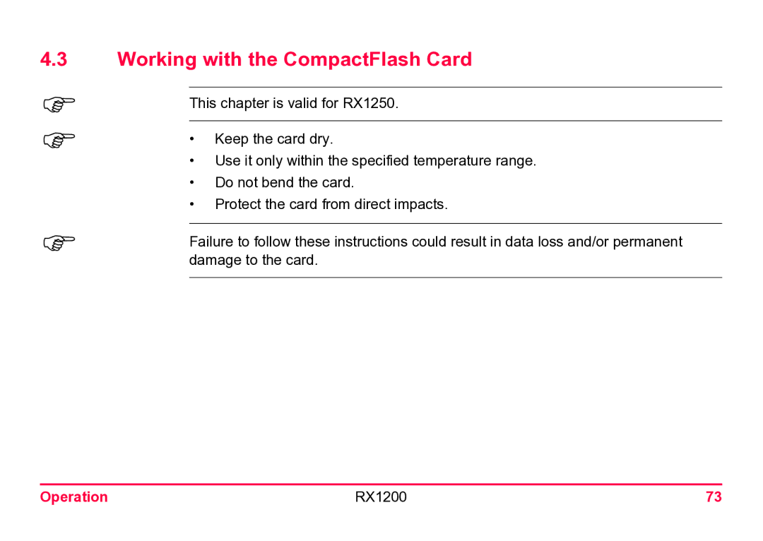 Leica RX1200 user manual Working with the CompactFlash Card 