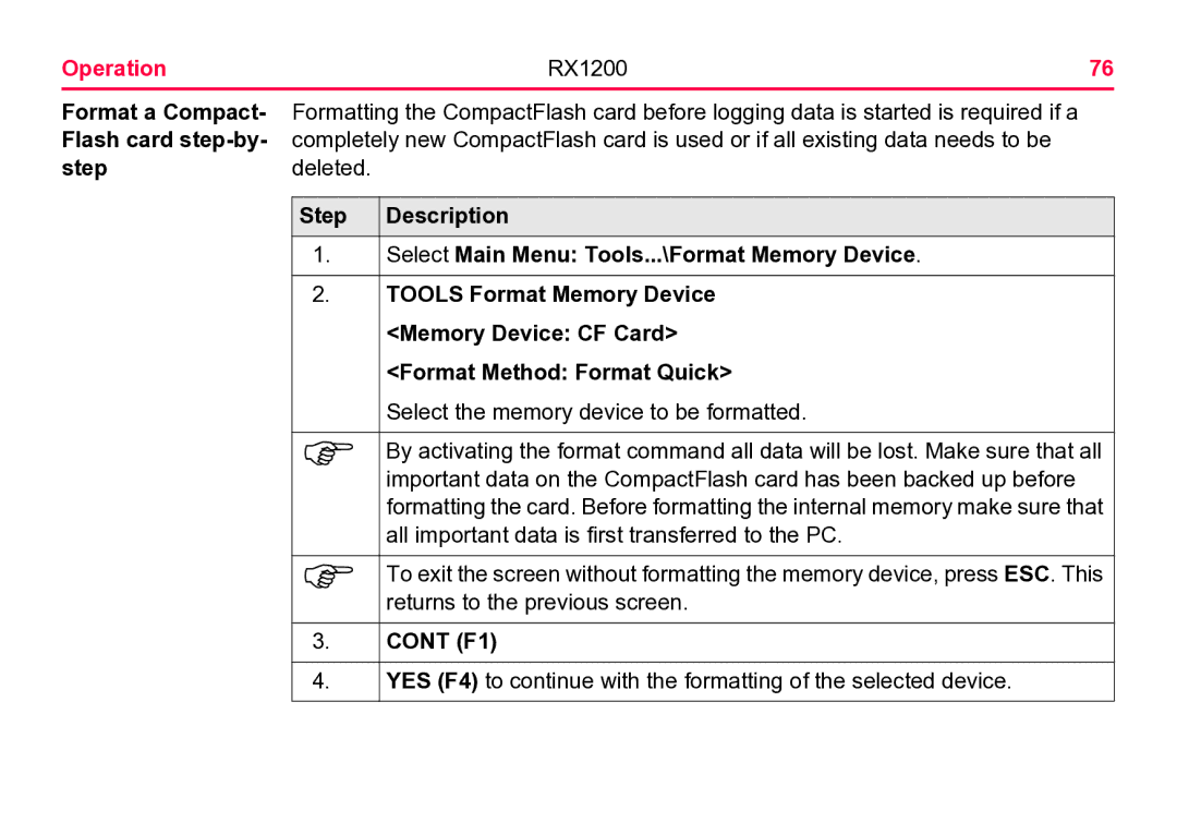 Leica RX1200 user manual Format a Compact- Flash card step-by- step 