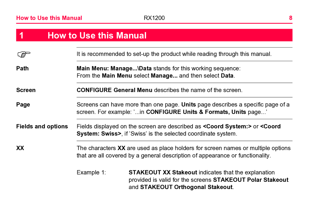 Leica user manual How to Use this Manual RX1200, Stakeout Orthogonal Stakeout 