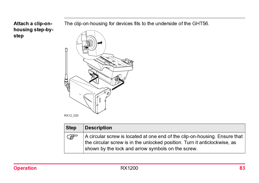 Leica RX1200 user manual Attach a clip-on- housing step-by- step, Step Description 