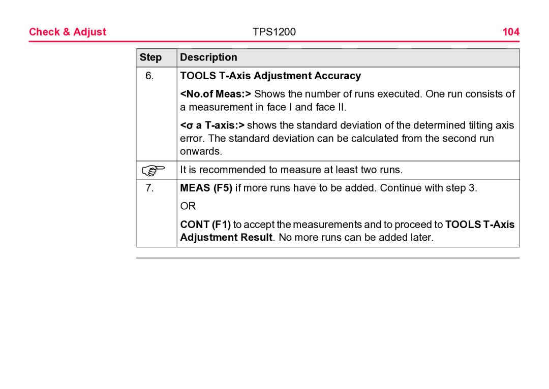 Leica user manual Check & Adjust TPS1200 104, Step Description Tools T-Axis Adjustment Accuracy 