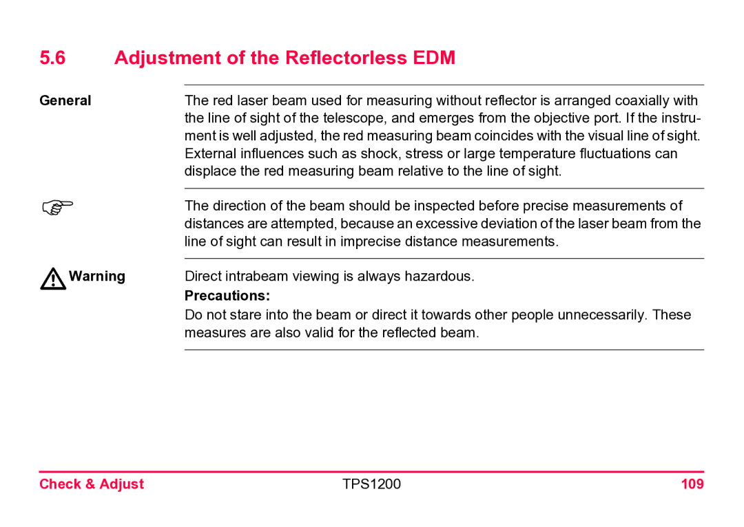 Leica user manual Adjustment of the Reflectorless EDM, Precautions, Check & Adjust TPS1200 109 