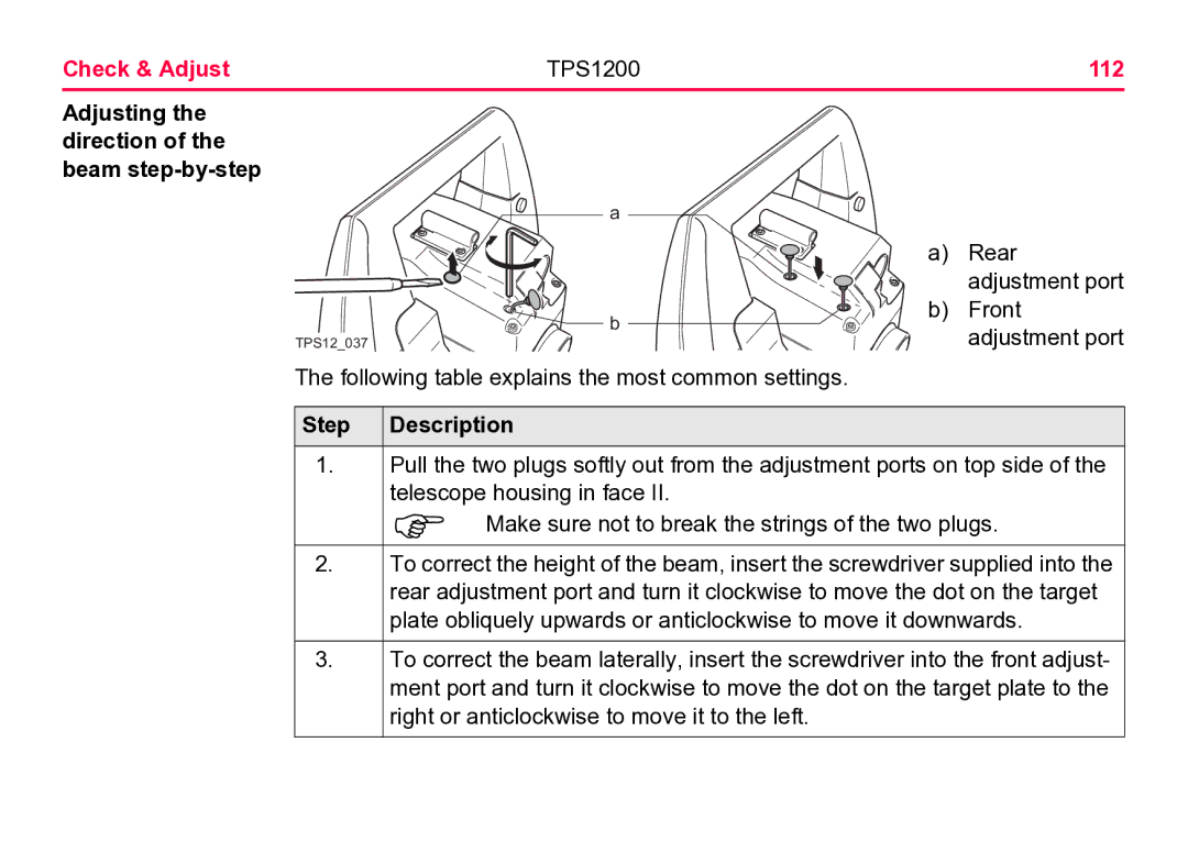 Leica TPS1200 user manual Check & Adjust, Adjusting Direction Beam step-by-step 