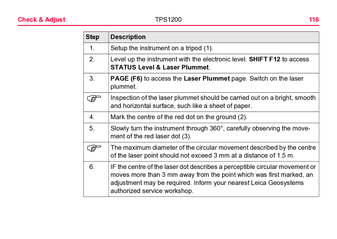 Leica user manual Check & Adjust TPS1200 116, Step Description 