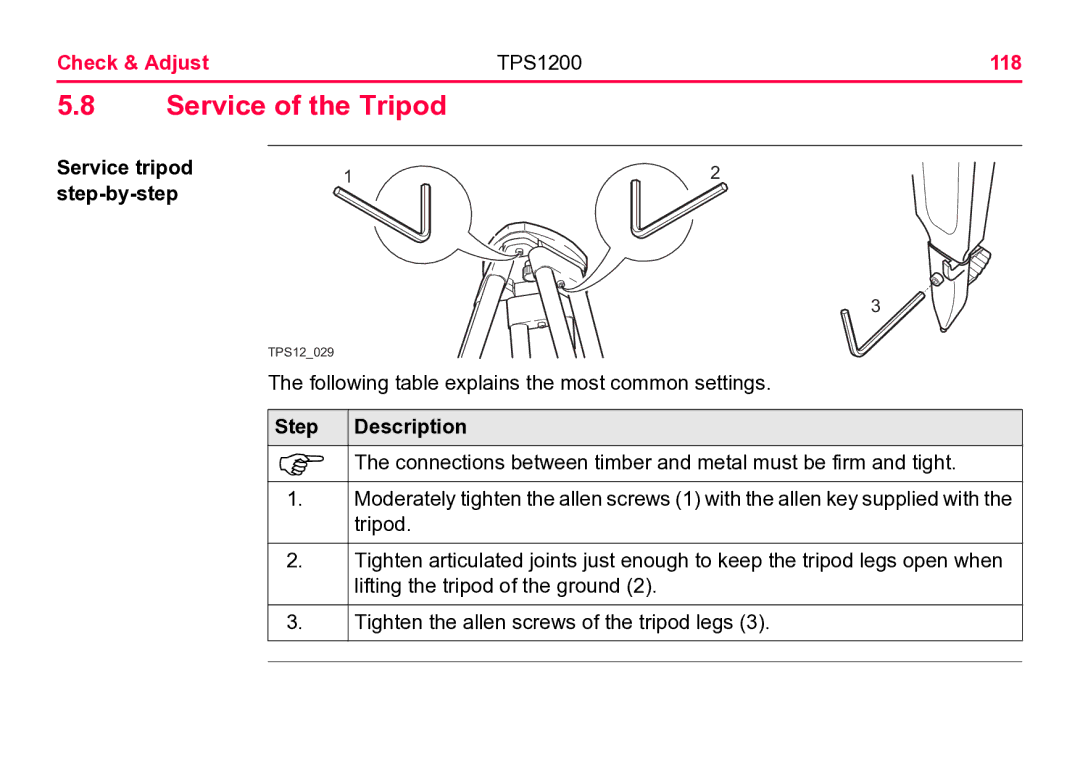 Leica user manual Service of the Tripod, Check & Adjust TPS1200 118, Service tripod Step-by-step 