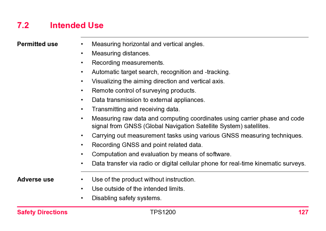 Leica TPS1200 user manual Intended Use, Permitted use, Adverse use, Safety Directions, 127 