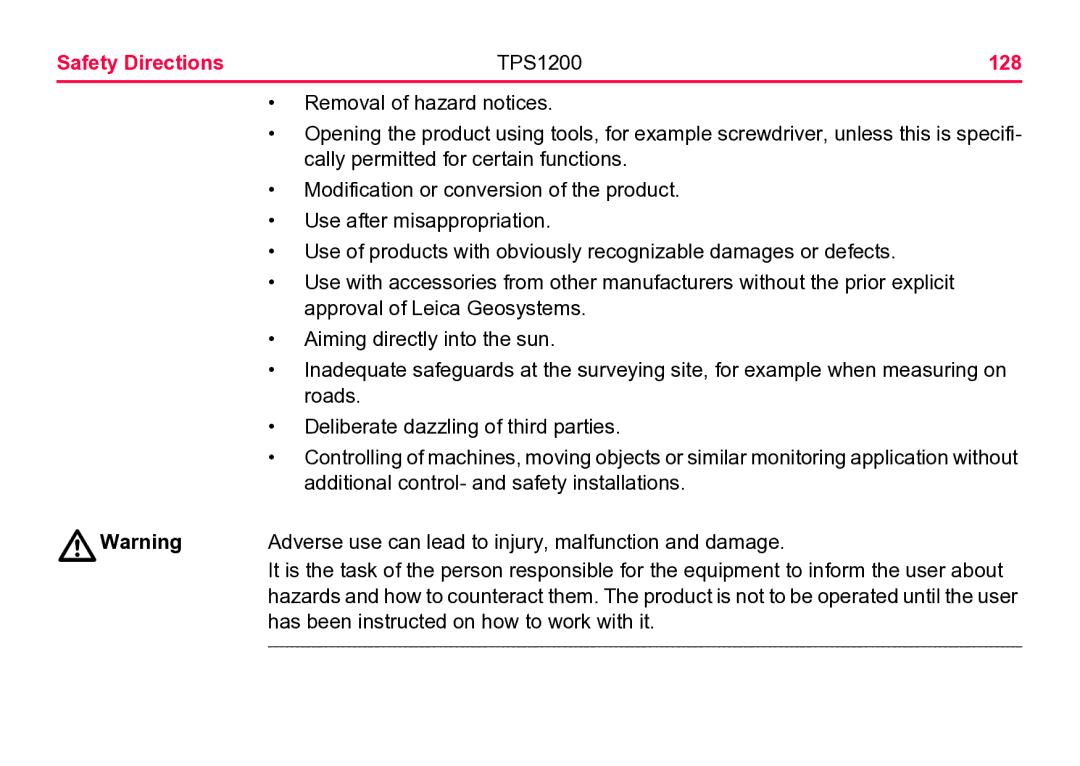 Leica user manual Safety Directions TPS1200 128 