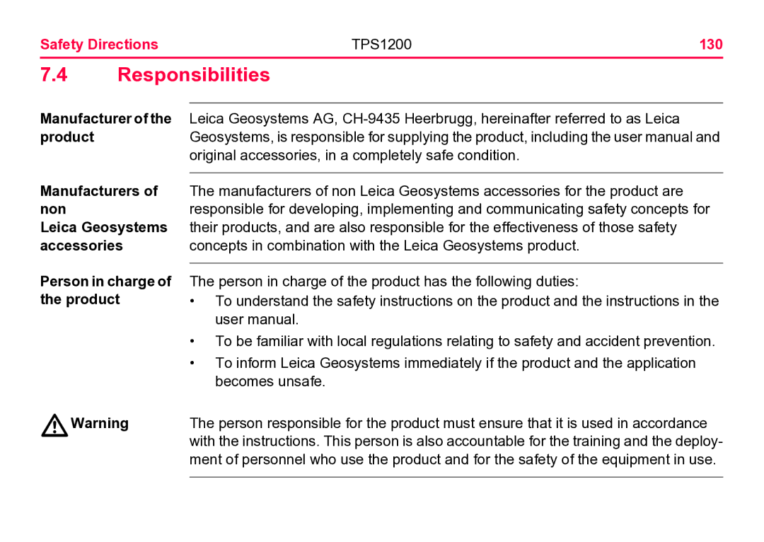 Leica user manual Responsibilities, Safety Directions TPS1200 130 