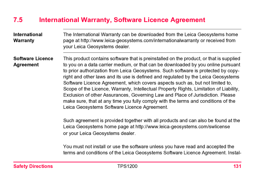 Leica TPS1200 user manual International Warranty, Software Licence Agreement, 131 