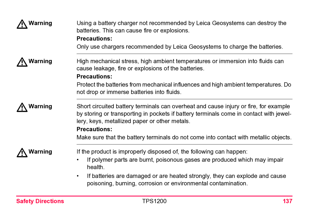 Leica user manual Safety Directions TPS1200 137 