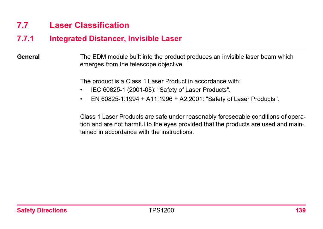 Leica user manual Laser Classification, Integrated Distancer, Invisible Laser, Safety Directions TPS1200 139 