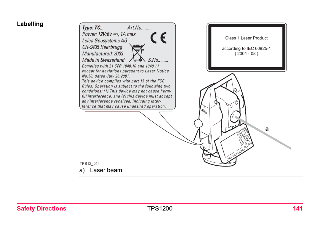 Leica user manual Labelling, Safety Directions TPS1200 141 