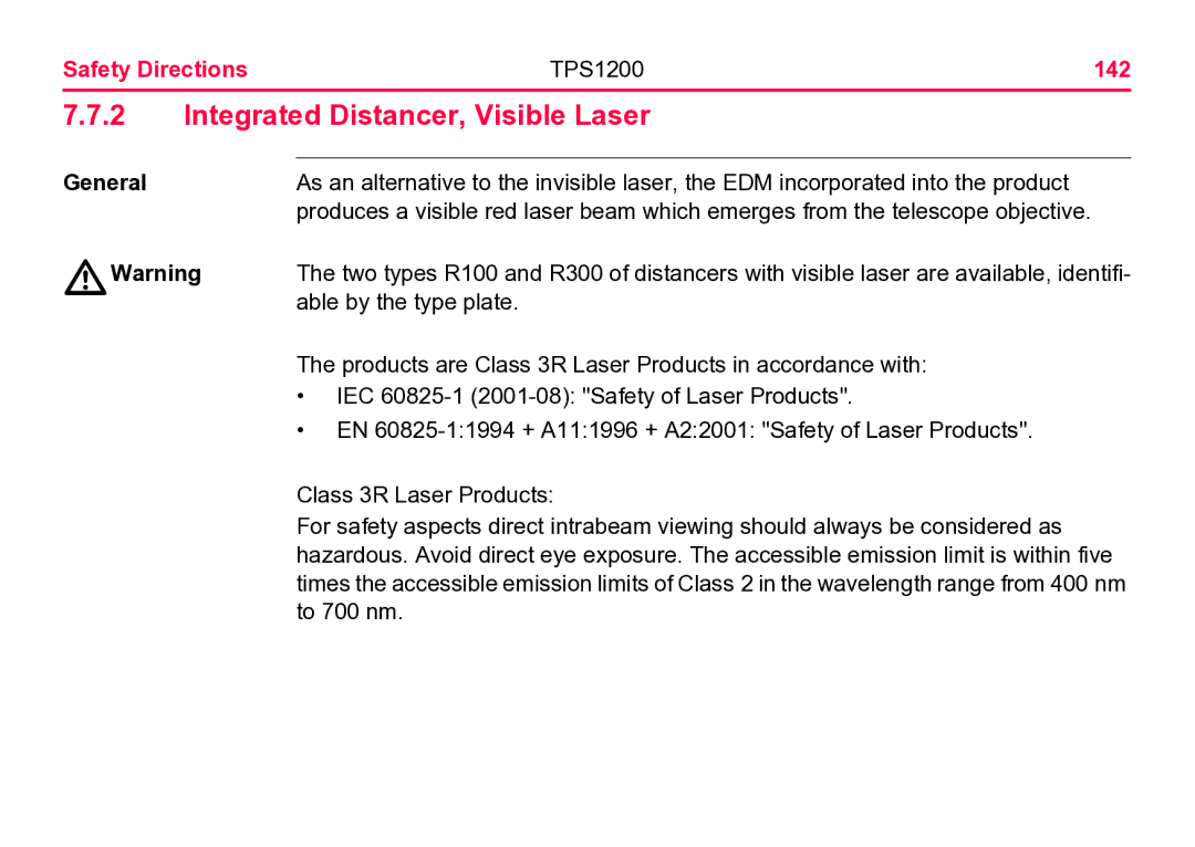 Leica user manual Integrated Distancer, Visible Laser, Safety Directions TPS1200 142 