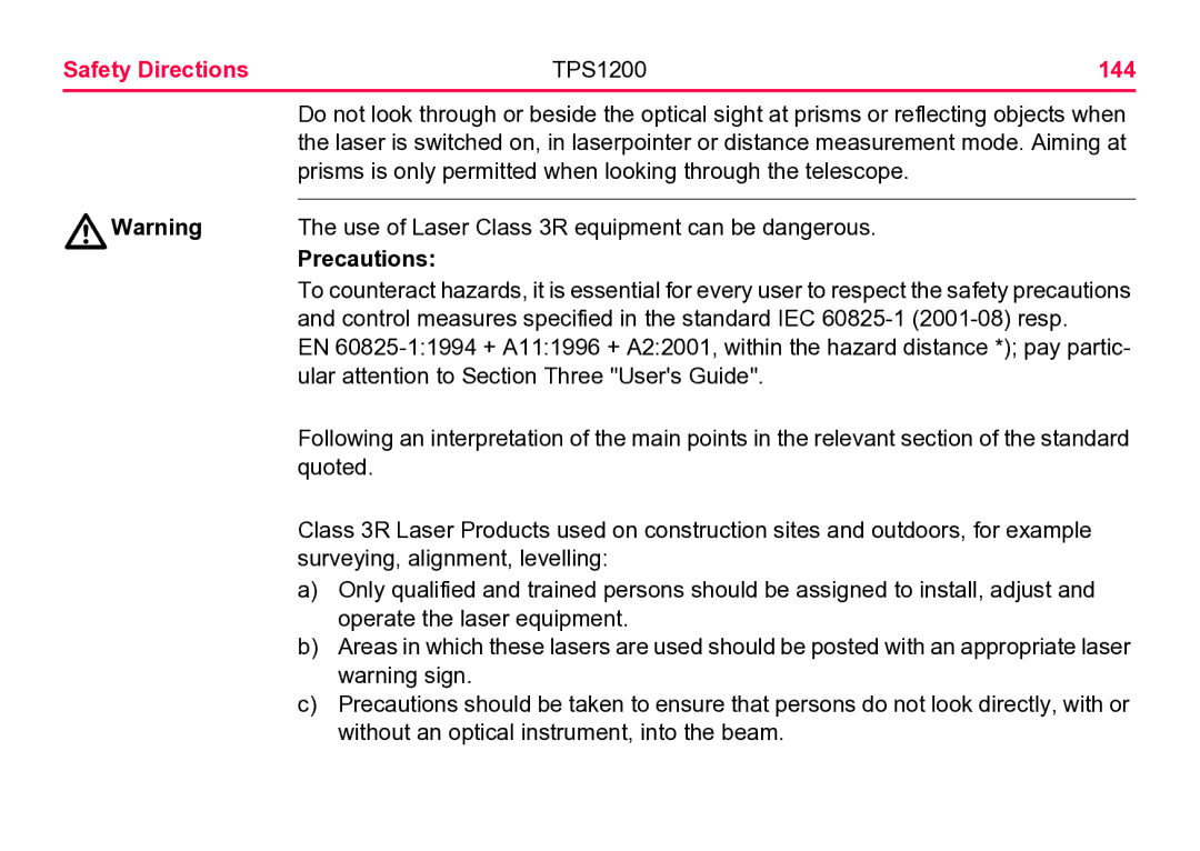 Leica TPS1200 user manual Safety Directions, 144 