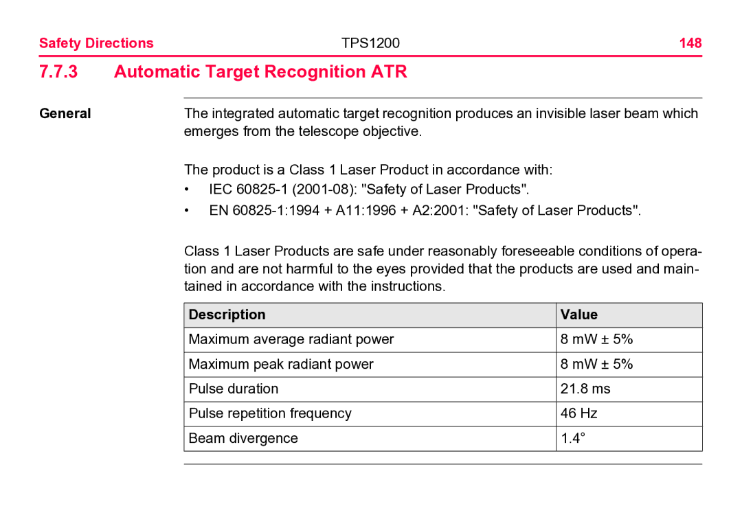 Leica user manual Automatic Target Recognition ATR, Safety Directions TPS1200 148 