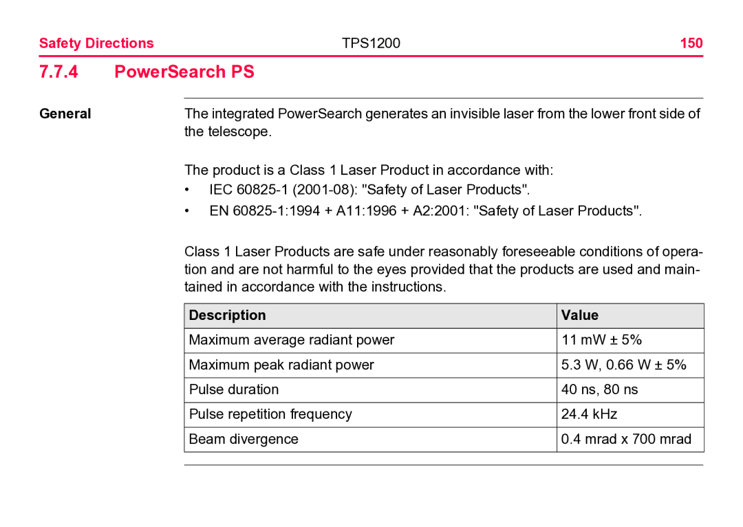 Leica user manual PowerSearch PS, Safety Directions TPS1200 150 