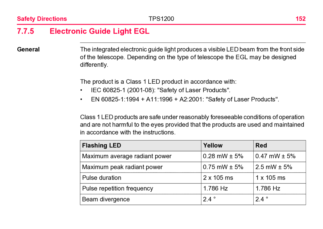 Leica user manual Electronic Guide Light EGL, Safety Directions TPS1200 152, Flashing LED Yellow Red 