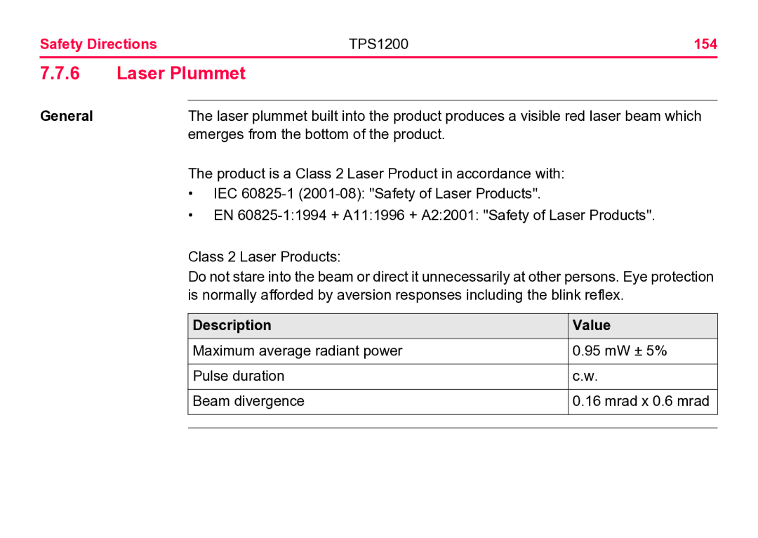 Leica user manual Laser Plummet, Safety Directions TPS1200 154 