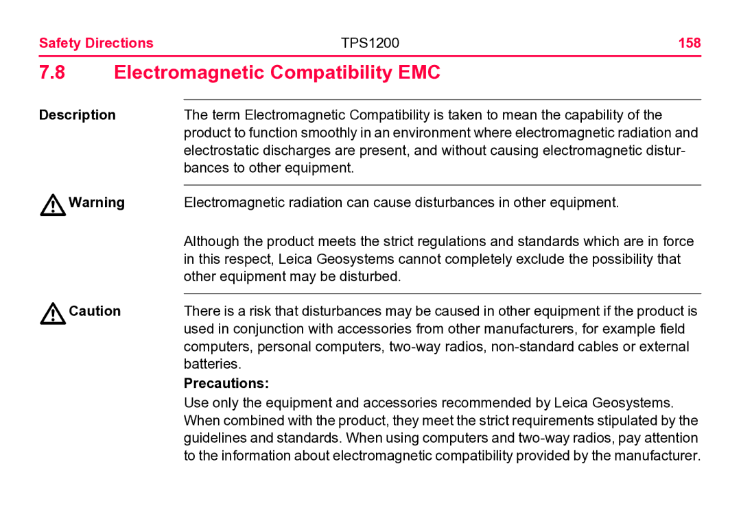 Leica user manual Electromagnetic Compatibility EMC, Safety Directions TPS1200 158 