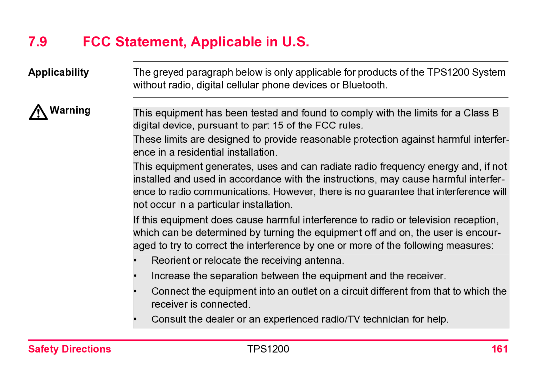 Leica user manual FCC Statement, Applicable in U.S, Applicability, Safety Directions TPS1200 161 