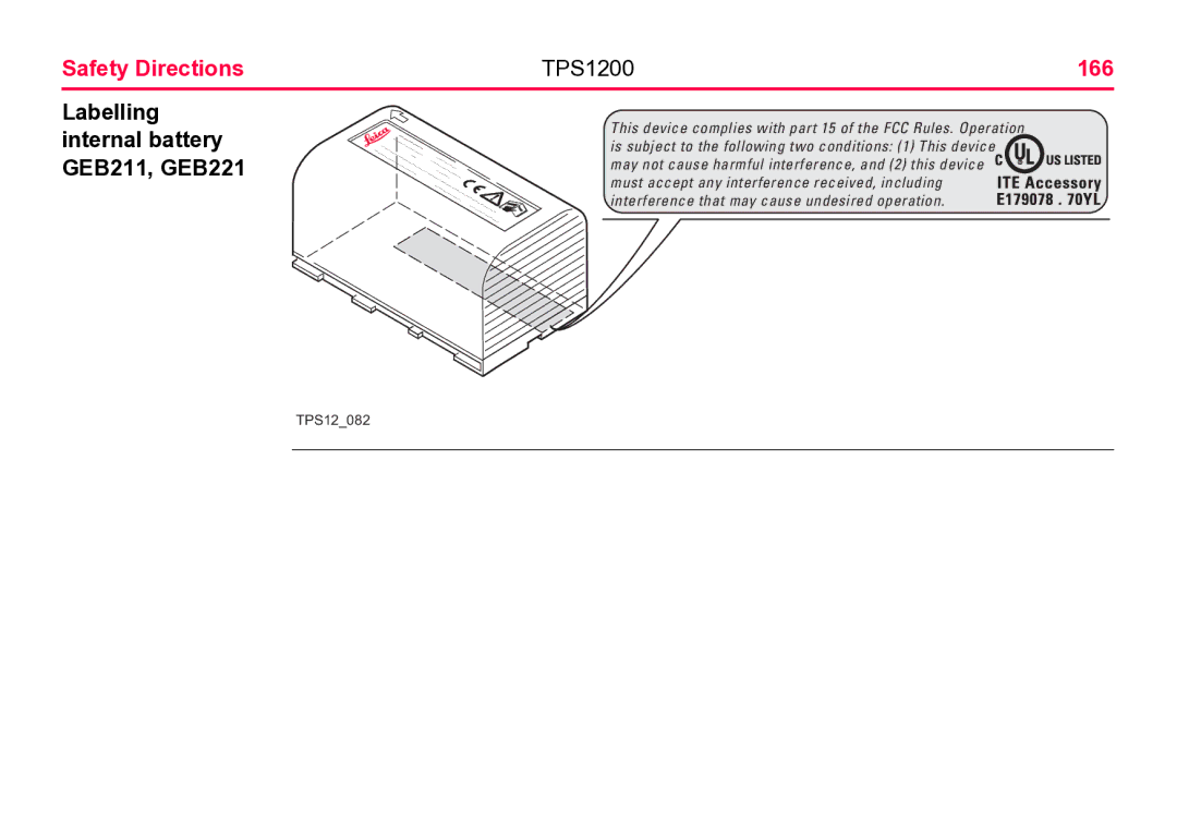 Leica user manual Labelling internal battery GEB211, GEB221, TPS1200166 