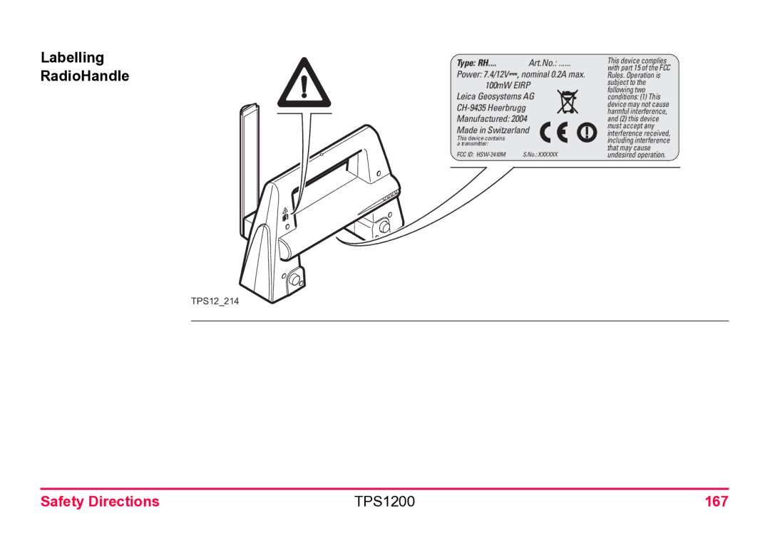 Leica user manual Labelling RadioHandle, Safety Directions TPS1200 167 