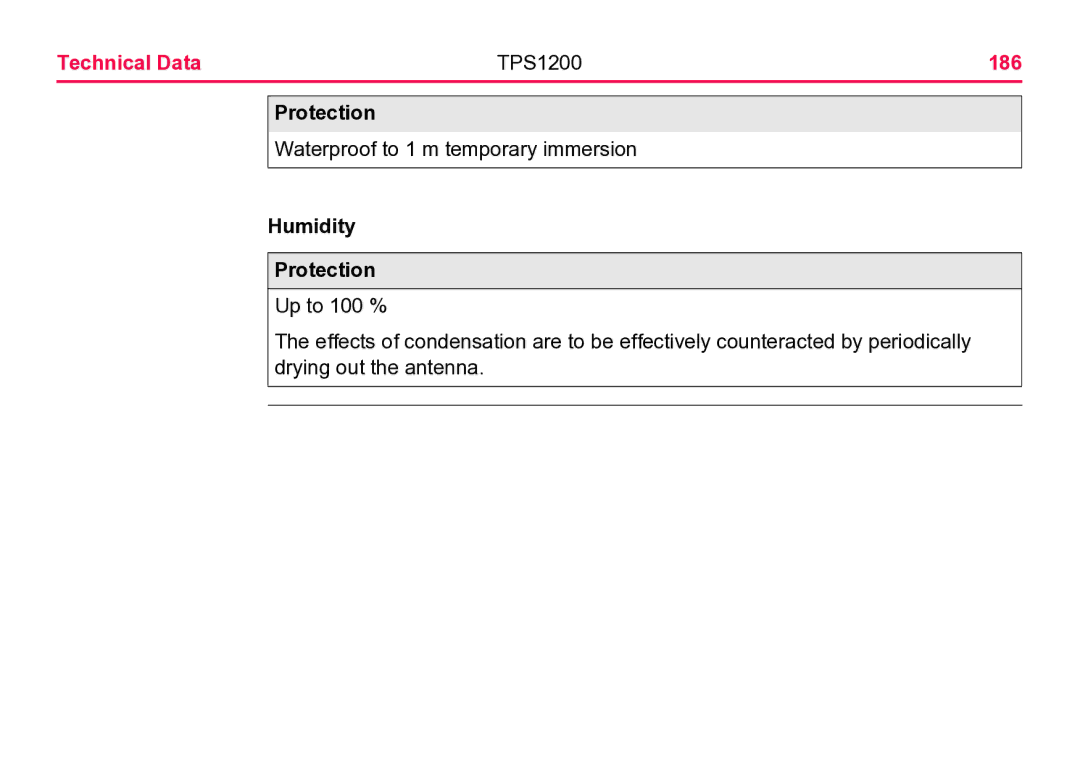 Leica user manual Technical Data TPS1200 186, Humidity Protection 