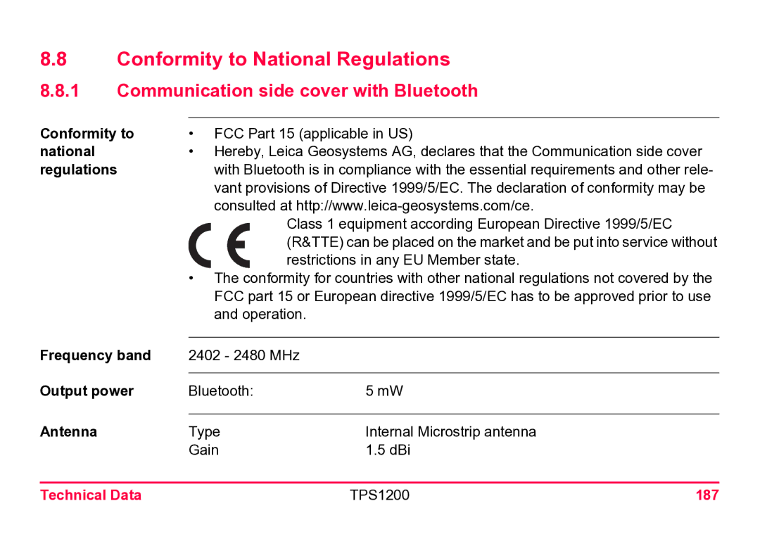 Leica TPS1200 user manual Conformity to National Regulations, Communication side cover with Bluetooth, 187 