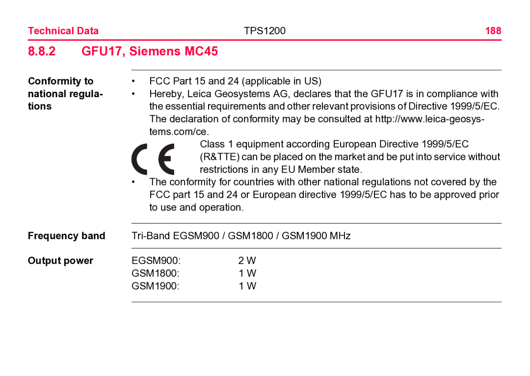 Leica user manual 2 GFU17, Siemens MC45, Technical Data TPS1200 188, National regula, Tions 