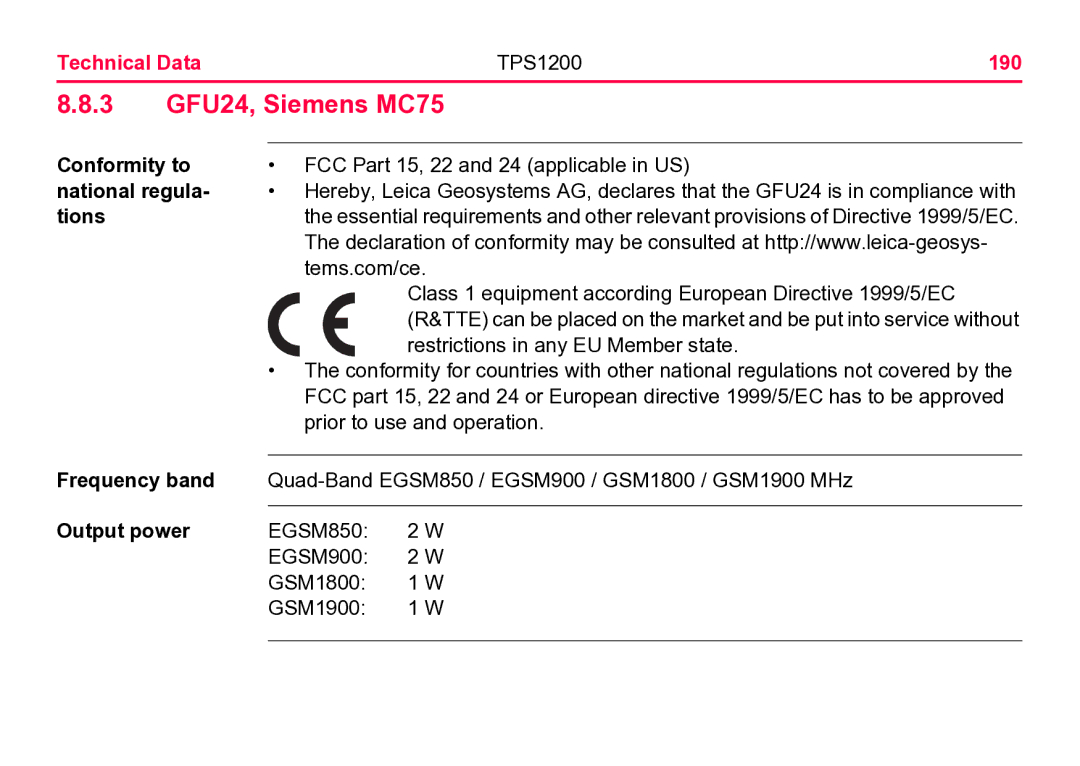 Leica user manual 3 GFU24, Siemens MC75, Technical Data TPS1200 190 