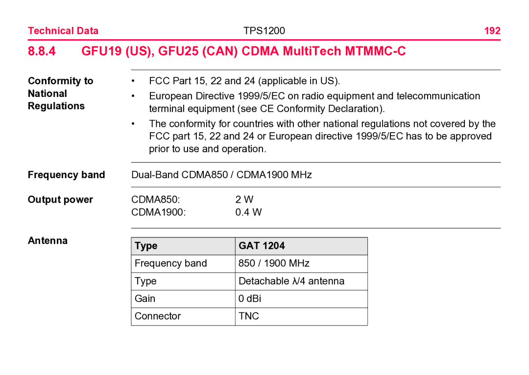 Leica user manual 4 GFU19 US, GFU25 can Cdma MultiTech MTMMC-C, Technical Data TPS1200 192, Type GAT 