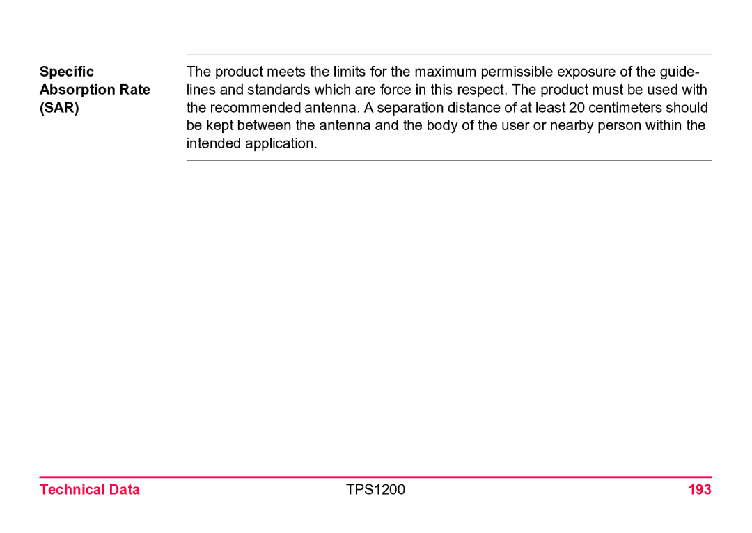 Leica user manual Specific, Absorption Rate, Technical Data TPS1200 193 