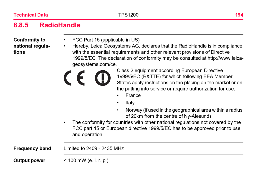 Leica user manual RadioHandle, Technical Data TPS1200 194 