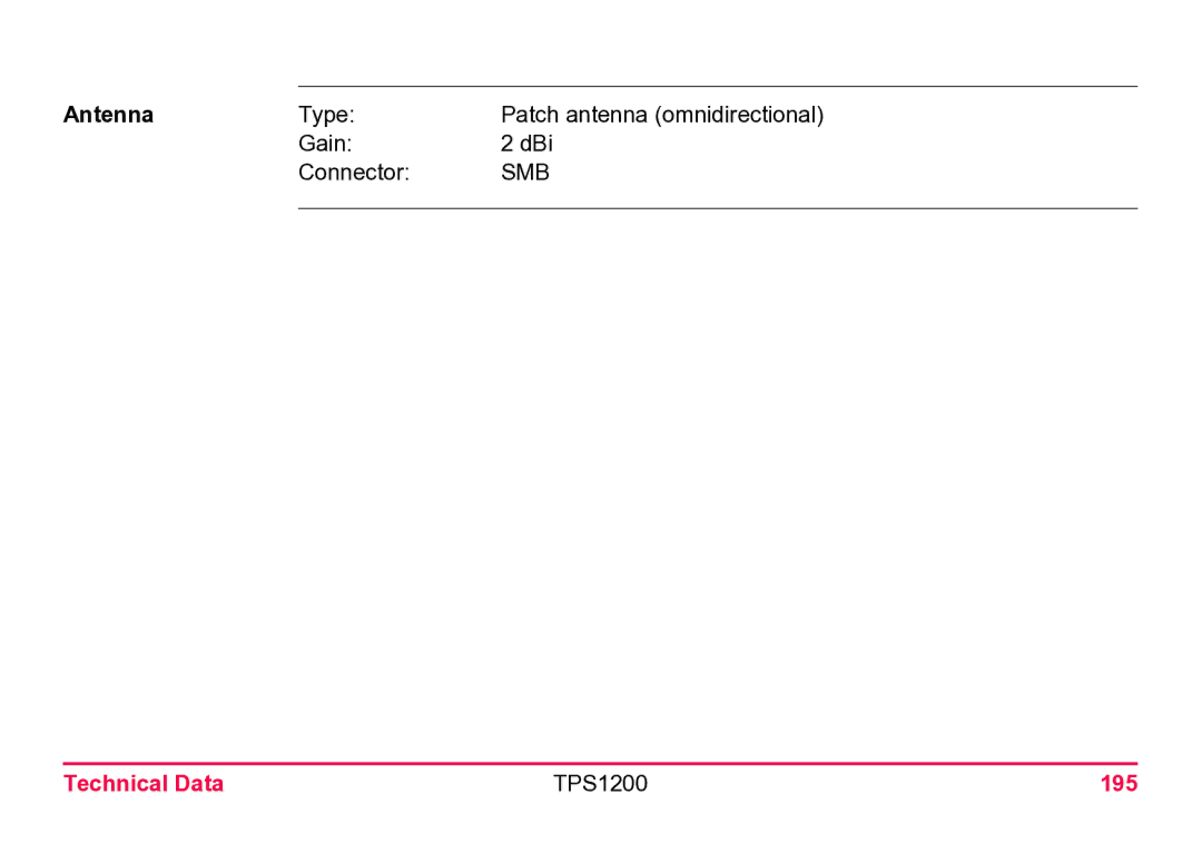 Leica user manual Antenna, Technical Data TPS1200 195 