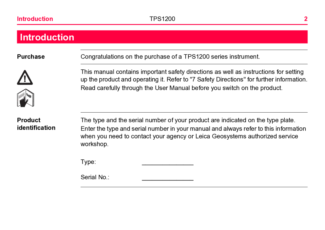 Leica TPS1200 user manual Introduction, Purchase, Product identification 