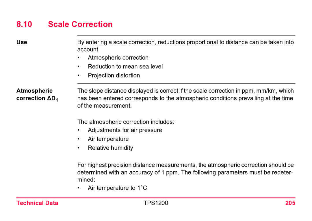 Leica user manual Scale Correction, Correction ΔD1, Technical Data TPS1200 205 