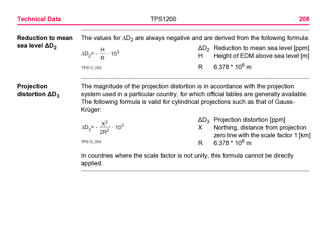 Leica user manual Technical Data TPS1200 208, Reduction to mean, Sea level ΔD2, Projection, Distortion ΔD3 