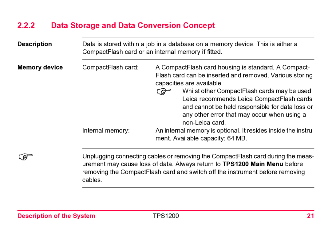 Leica TPS1200 user manual Data Storage and Data Conversion Concept, Memory device 