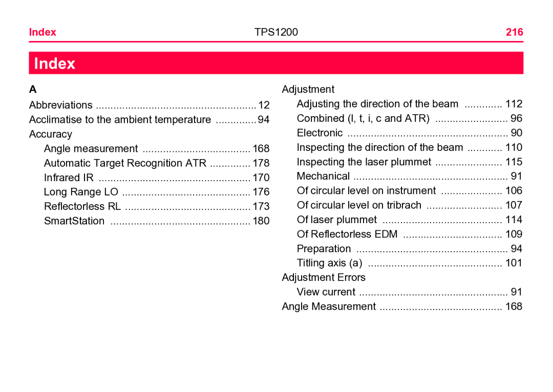 Leica user manual Index TPS1200 216 