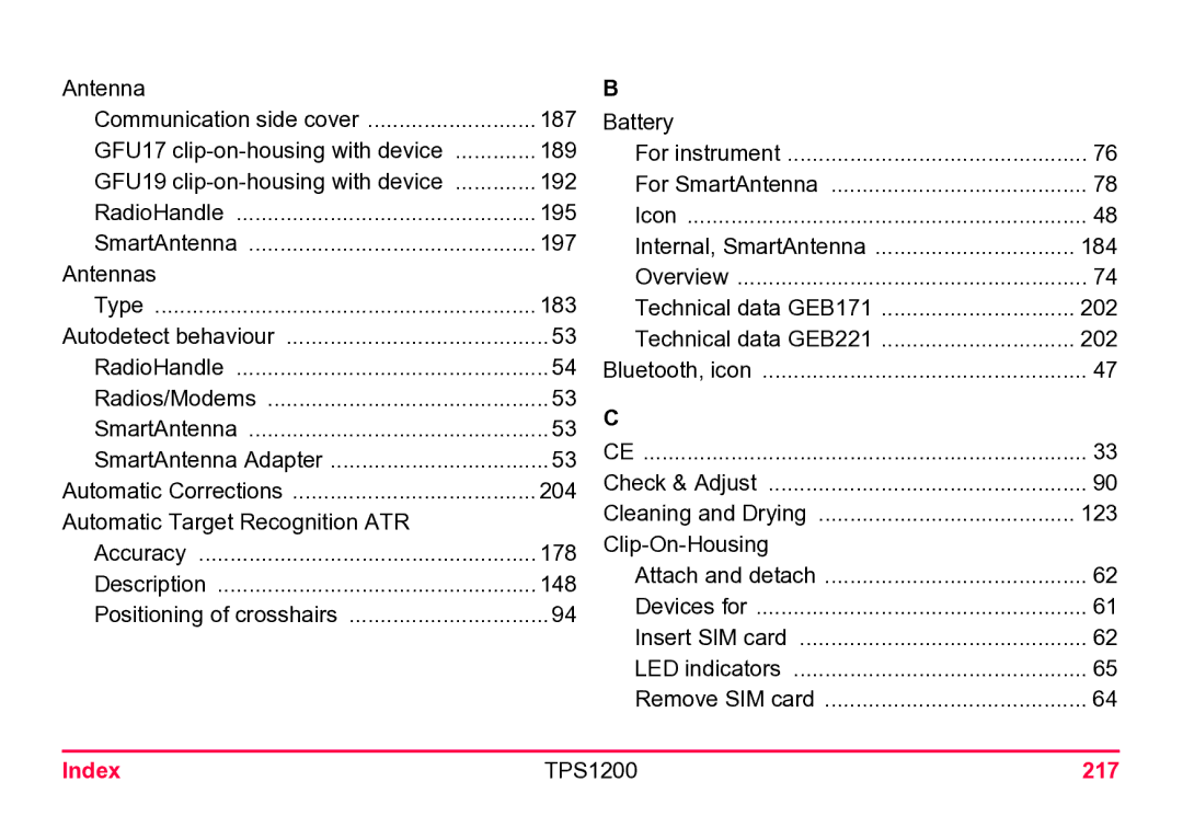 Leica user manual Technical data GEB221 202, Index TPS1200 217 