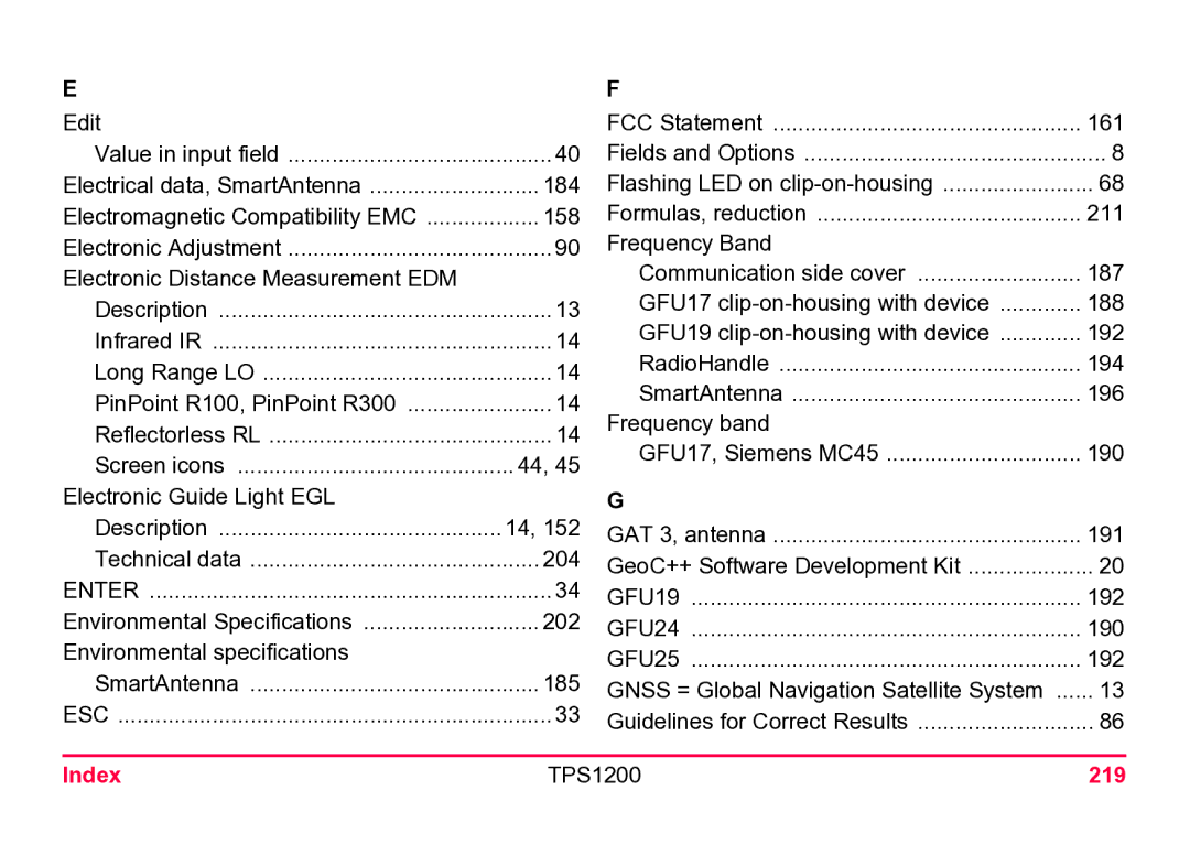 Leica user manual Electronic Distance Measurement EDM, Index TPS1200 219 